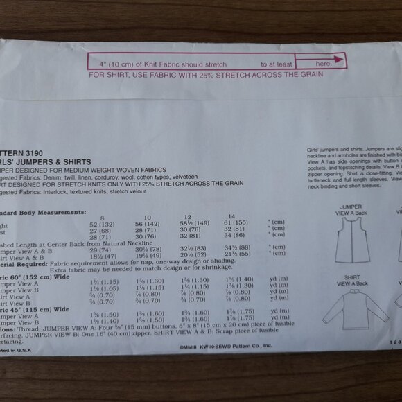 Girls Dress Top Sewing Pattern Jumpers Shirts Sizes 8-14 Kwik Sew 3190 UNCUT - Picture 4 of 8